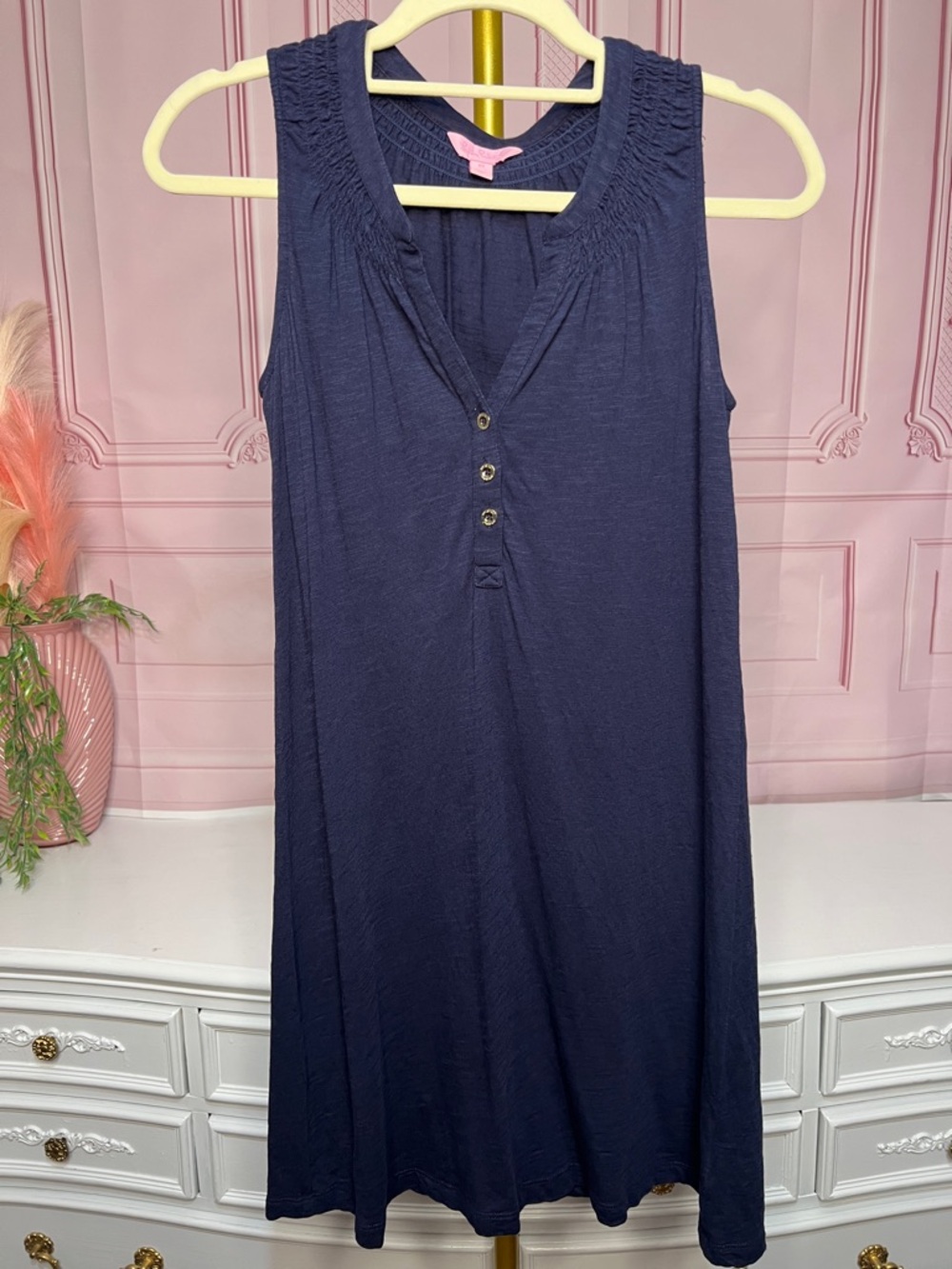 Lilly Pulitzer Casual Navy Blue Sleeveless V-Neck Dress With Gold Toned Buttons